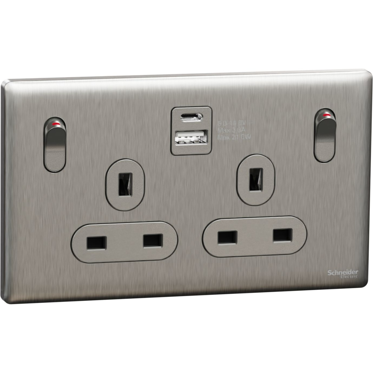 Schneider Electric 施耐德電氣 NUX25DACQUS_SS UNICA X 13A 250V~ 雙位雙極開關插座連USB A+C 21W (炫星銀)